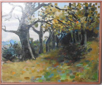 une peinture à l'huile représentant des arbres dans un champ, avec le ciel en arrière-plan