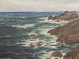 une peinture à l'huile représentant une côte rocheuse avec des vagues se brisant contre les rochers