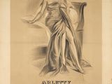 une vieille affiche représentant une femme en robe, assise sur une chaise