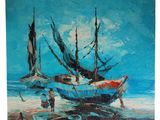 a painting of three boats on the beach with a blue sky in the background