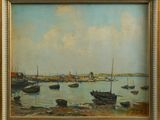 a painting of boats on the water with a sky background