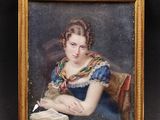 tableau représentant une femme en train de lire un livre, avec un ruban rouge autour du cou