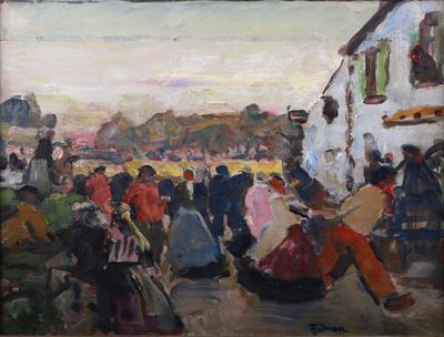 peinture d'une foule de personnes marchant dans une rue à côté d'un bâtiment