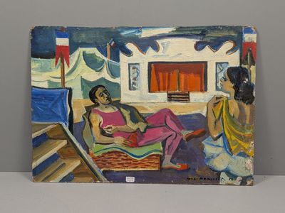 tableau représentant deux femmes assises sur un lit devant une cheminée
