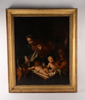 une peinture à l'huile représentant un homme tenant un bébé sur ses genoux