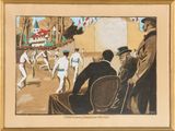 une image représentant un tableau où l'on voit un groupe d'hommes en train de disputer un match de baseball