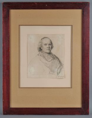 a drawing of a man in a suit and tie in a wooden frame