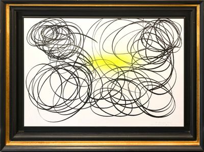 an image of a painting with black and yellow circles on a white background