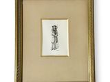 a drawing of a woman in a dress is shown in a gold frame