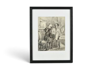 un dessin en noir et blanc représentant deux hommes debout l'un à côté de l'autre