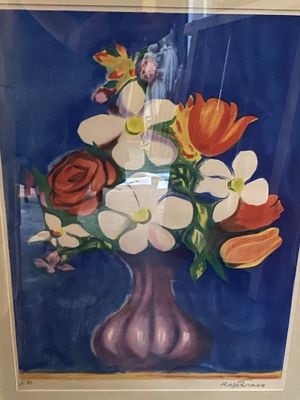 a painting of flowers in a vase on the wall