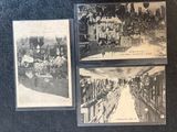 several old black and white photos of people riding on a train