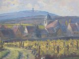 painting of a village with a church and vineyard in the background