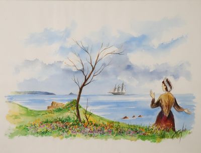 une aquarelle représentant une femme debout au bord de l'eau