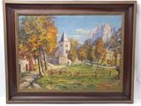 une peinture à l'huile représentant une église dans un champ, avec des arbres et des montagnes en arrière-plan