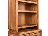 an image of a wooden bookcase with drawers and shelves