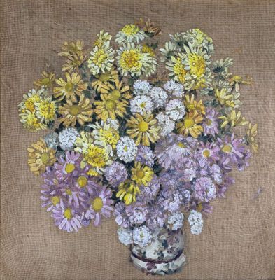 a painting of flowers in a vase on a burlock cloth