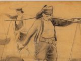 an old drawing of a man carrying a balance scale with a dog on his back