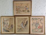 four framed asian paintings of women and trees on a white wall