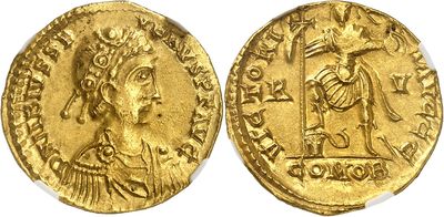 a gold coin with an image of a man holding a sword