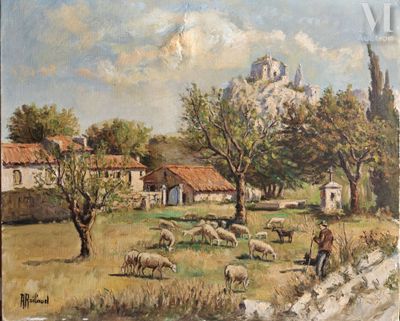 un tableau représentant un homme avec des moutons dans un champ
