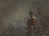 une image représentant un tableau où l'on voit un homme avec un sac dans la neige