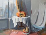 une peinture représentant deux citrouilles posées sur une table devant une fenêtre