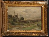 a painting of a landscape with a river in the foreground