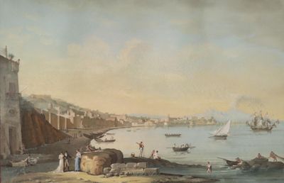 a painting of a view of a harbor with boats on the water