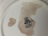 a white plate with a brown spot on it