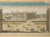 tableau représentant une vue de ville avec un château en arrière-plan