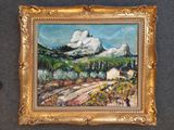 une peinture à l'huile représentant un paysage de montagne avec une maison au premier plan
