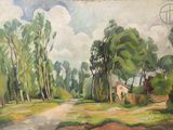 tableau représentant une route de campagne avec une calèche garée sur le bord de la route