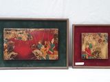 two framed pictures of a man riding a horse and a woman riding a horse