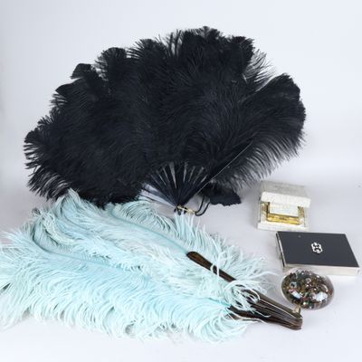 des plumes d'autruche noires et bleues, des perles et une paire de ciseaux sur fond blanc