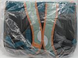 a plastic bag that has a blue and orange design on it