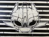 un dessin représentant une tête d'extraterrestre sur un fond rayé noir et blanc