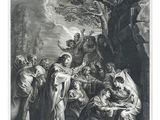 a black and white drawing of a group of people in a wooded area