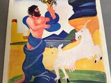 une image représentant un tableau où l'on voit un homme avec une chèvre dans un champ