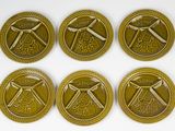 six gold coins with the symbols of a hammer, a hammer, a hammer, a hammer, and a hammer