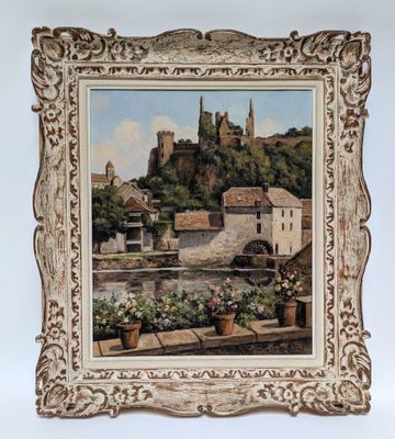 an old picture of a painting of a town with a castle in the background