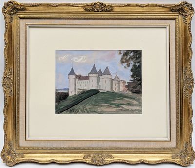 une image représentant un tableau représentant un château, dans un cadre doré
