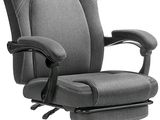 a grey office chair with a yellow arrow on the back