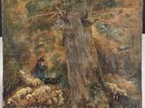 une peinture à l'huile représentant un homme assis sous un arbre dans un champ
