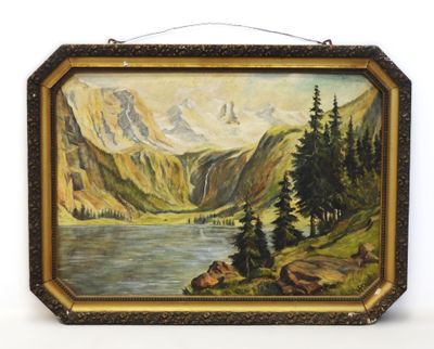 an oil painting of a mountain scene with a lake in the foreground