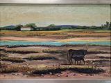 a picture of a painting of a cow and a cow in a field