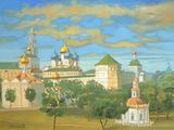 painting of a painting of a city with a church in the background