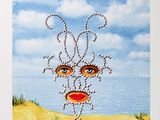 an image of a painting of a face on a beach with a ball