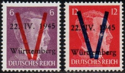 a stamp with three different stamps on it and one with a v on it