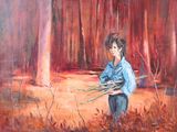 a painting of a young boy holding a bunch of flowers